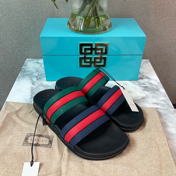 NIB NWT Gucci Men’s Black Rubber Striped Sandals Slides - Italian Size 11 - Picture 7 of 7